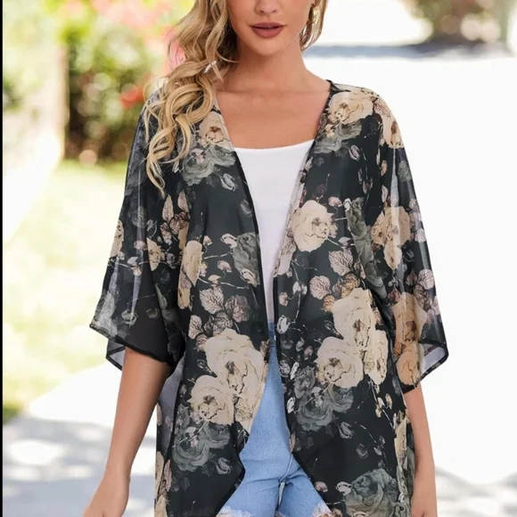 Floral Print Puff Sleeve Kimono Cardigan Loose Casual Blouse Large - Picture 2 of 6
